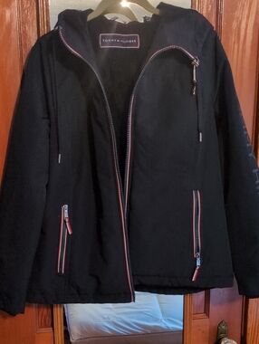 Tommy Hilfiger Black Hooded Utility Jacket with Red and White Trim
